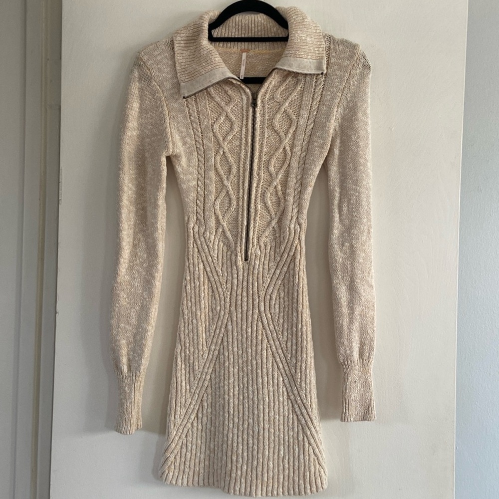 Free People Beige Chunky Knit Long Sleeve Mini Dress [XS]